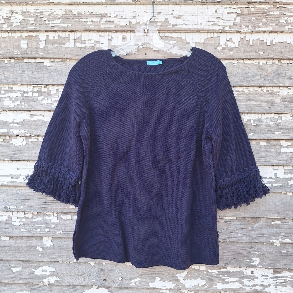 J.McLaughlin Navy Sweater with Fringe Sleeves Size Small